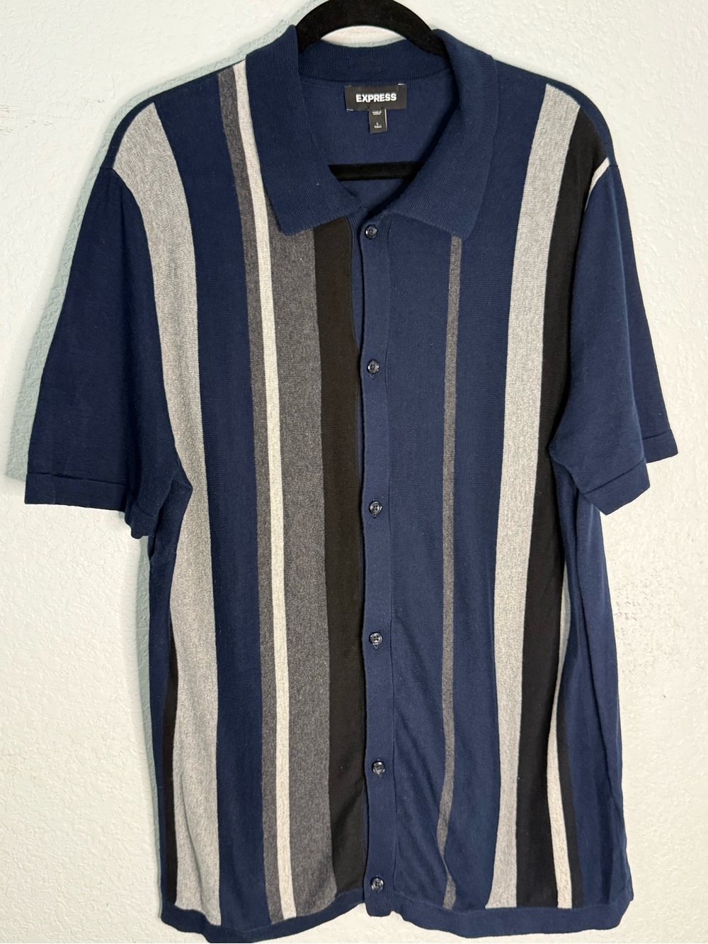Express Men’s Navy and Gray Vertical Stripe Button-Down Shirt Large Tall